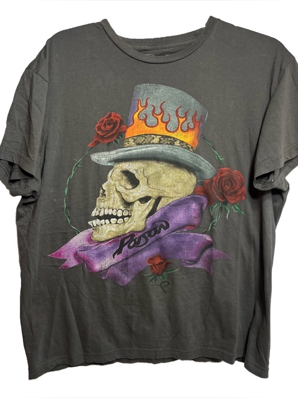 Poison Men's Glam Metal Band Gray Skull/Roses Classic T-Shirt Tee Size Large